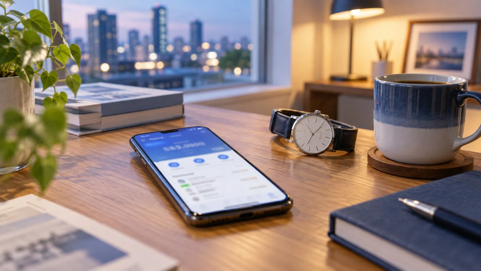 夜の自宅の机に置かれたスマートフォンと腕時計、コーヒーカップ